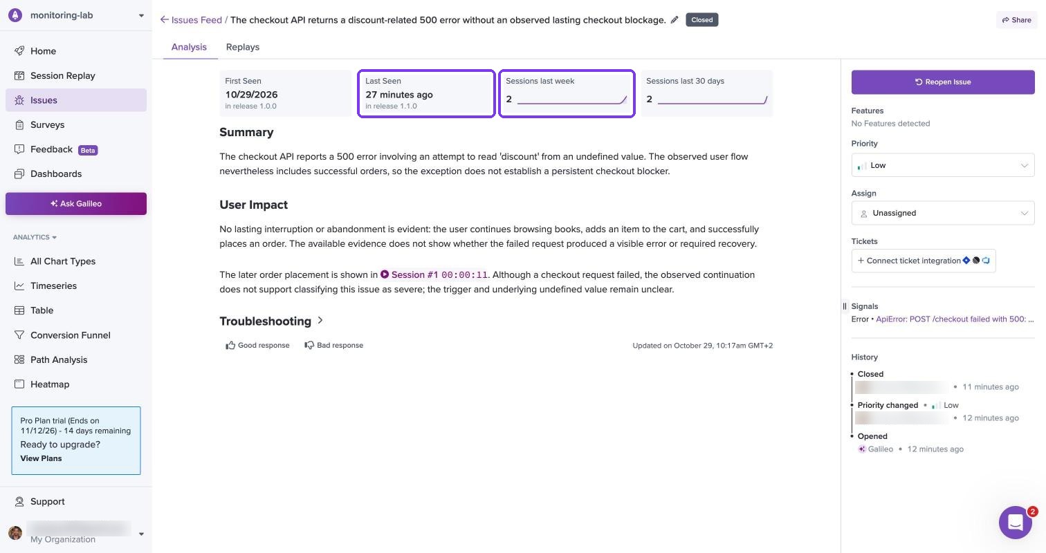 LogRocket closed issue with a new session on release 1.1.0