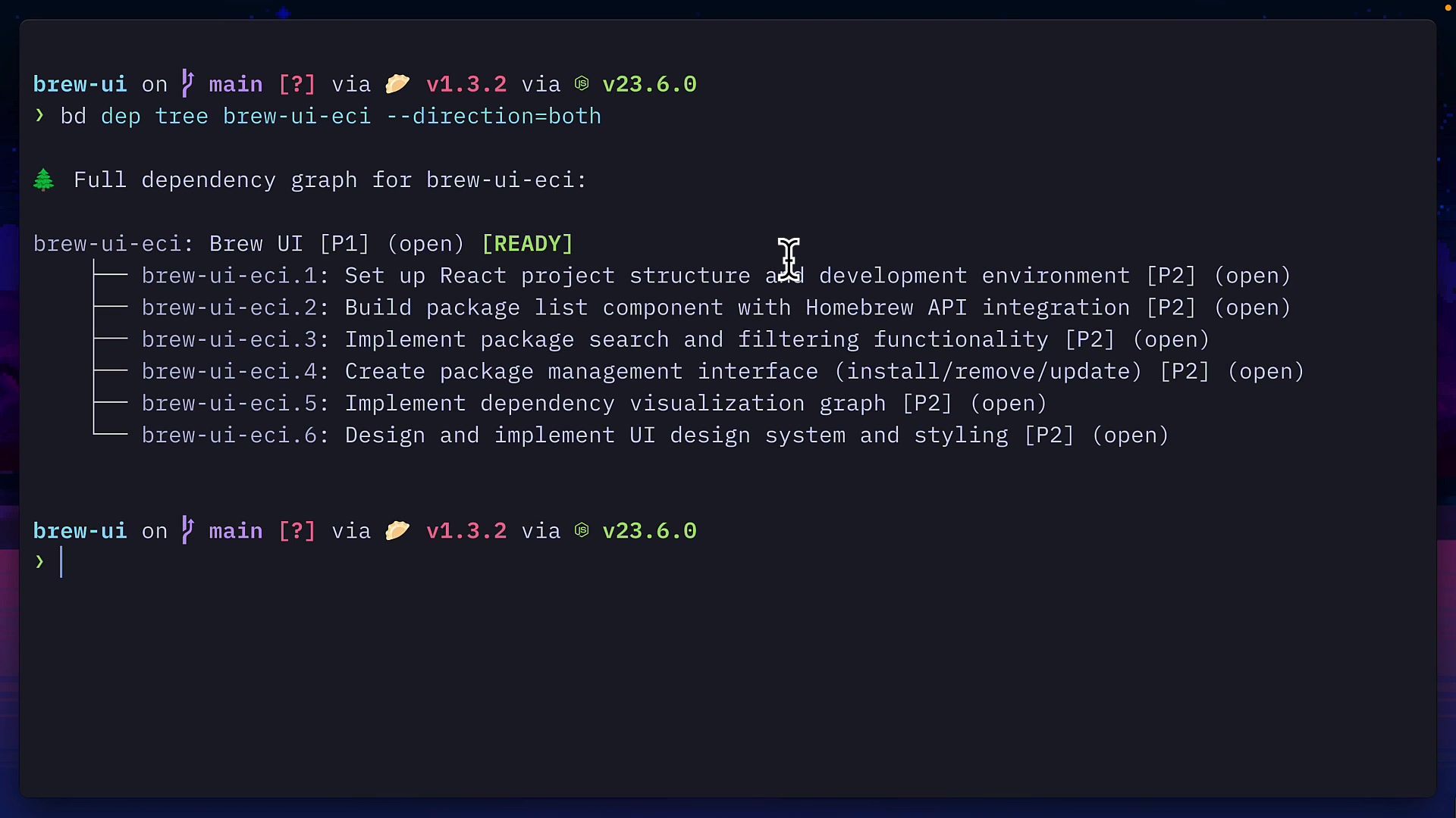 The terminal output of `bd dep tree`, showing a clean, hierarchical view of the main epic and its sub-t_56.jpg