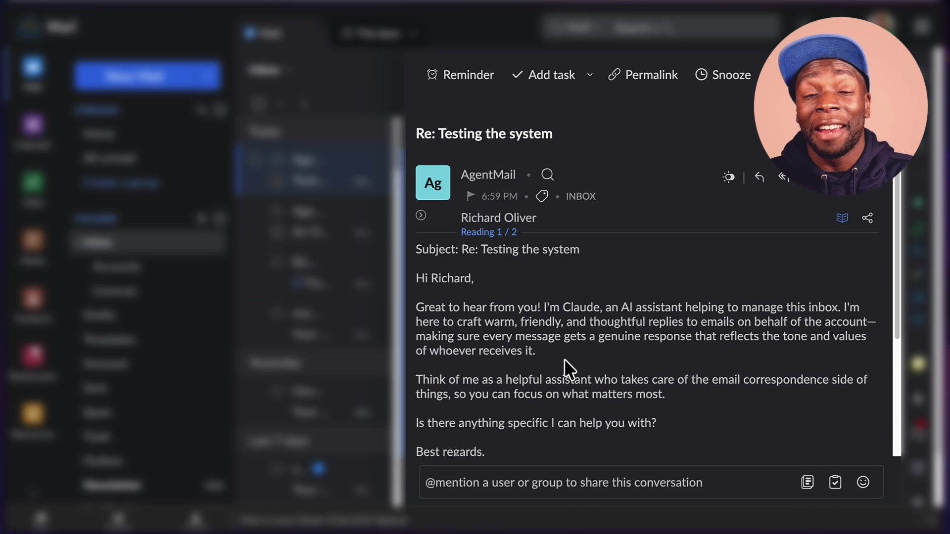 Email client showing the context-aware reply from the custom AI agent, demonstrating a complete successful interaction