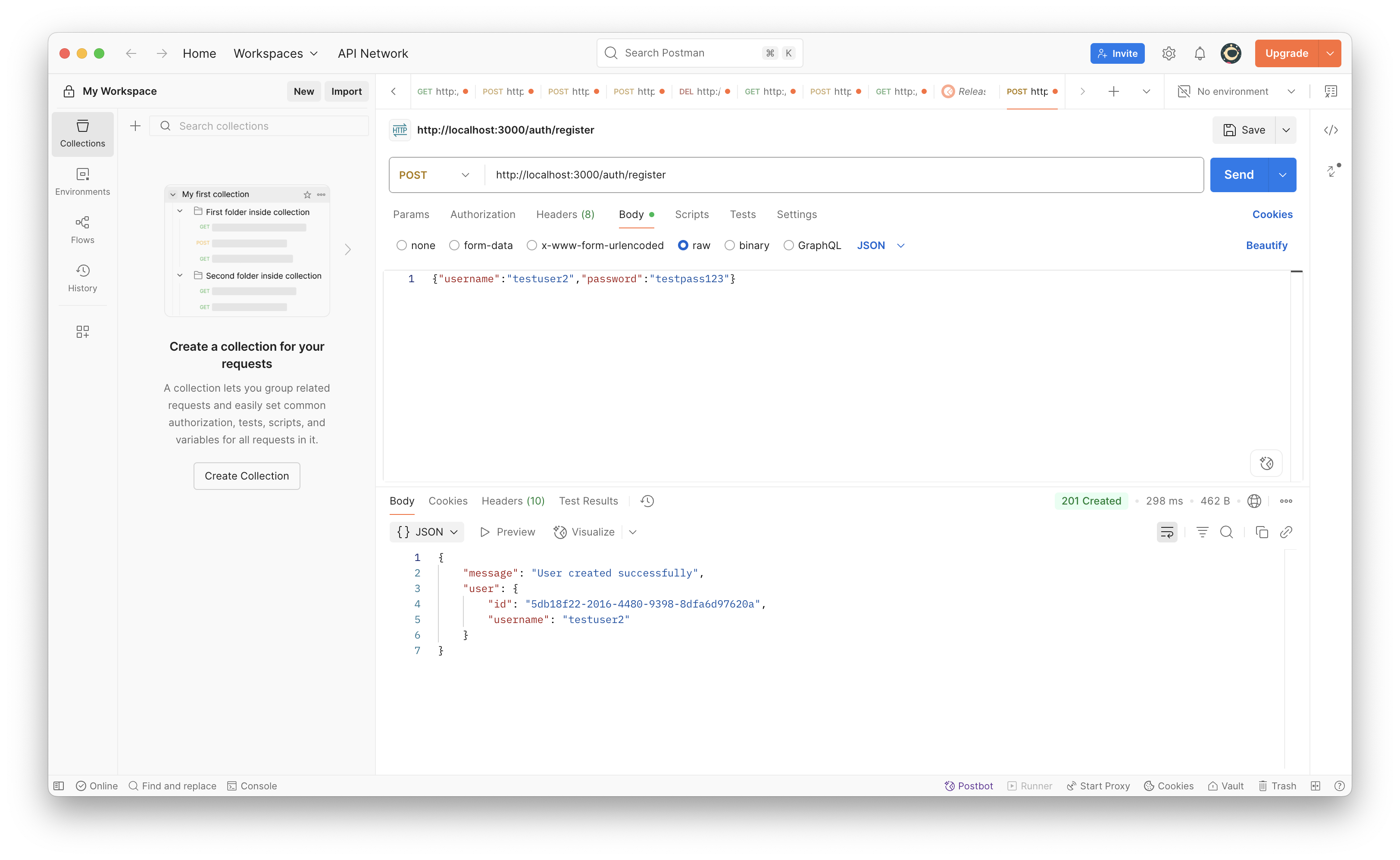Postman registration request showing POST method, URL, and JSON body with username and password