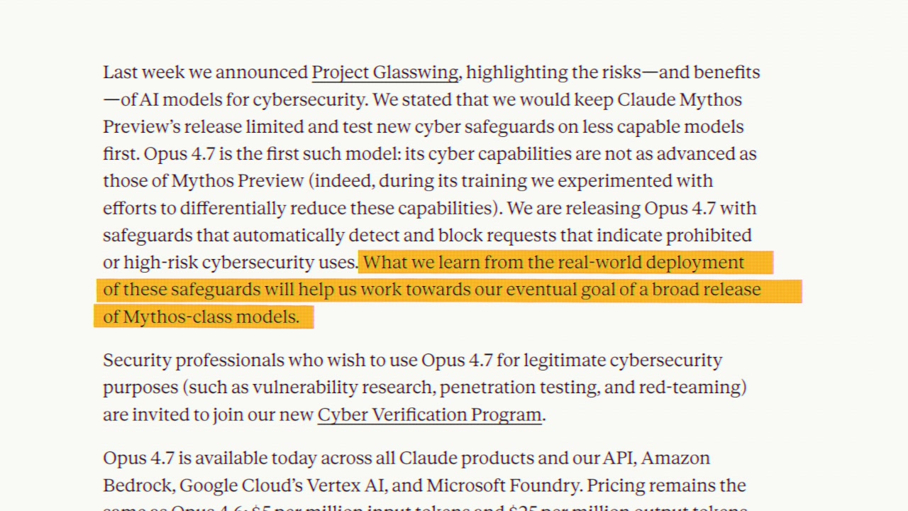 Text from Anthropic's announcement explaining the new cyber safeguards being tested in Opus 4.7 and their connection to the eventual release of Mythos-class models