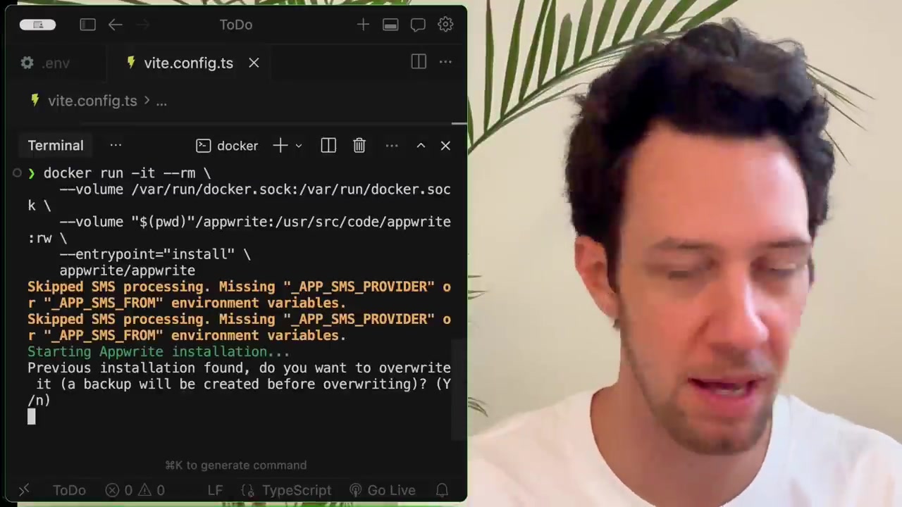 Terminal window showing the Docker command used to initiate the Appwrite installation