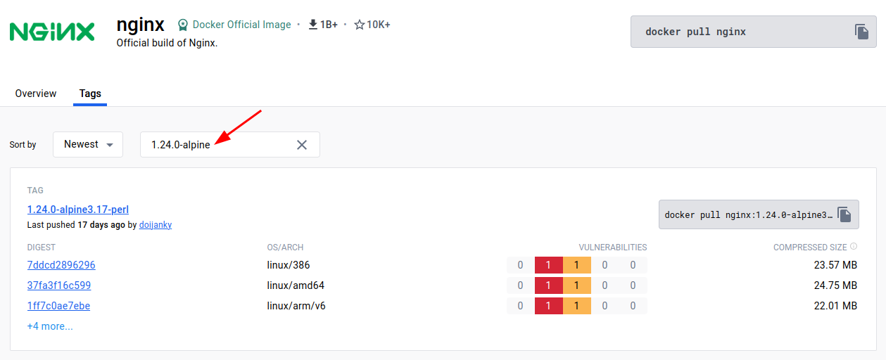 NGINX Alpine image version search