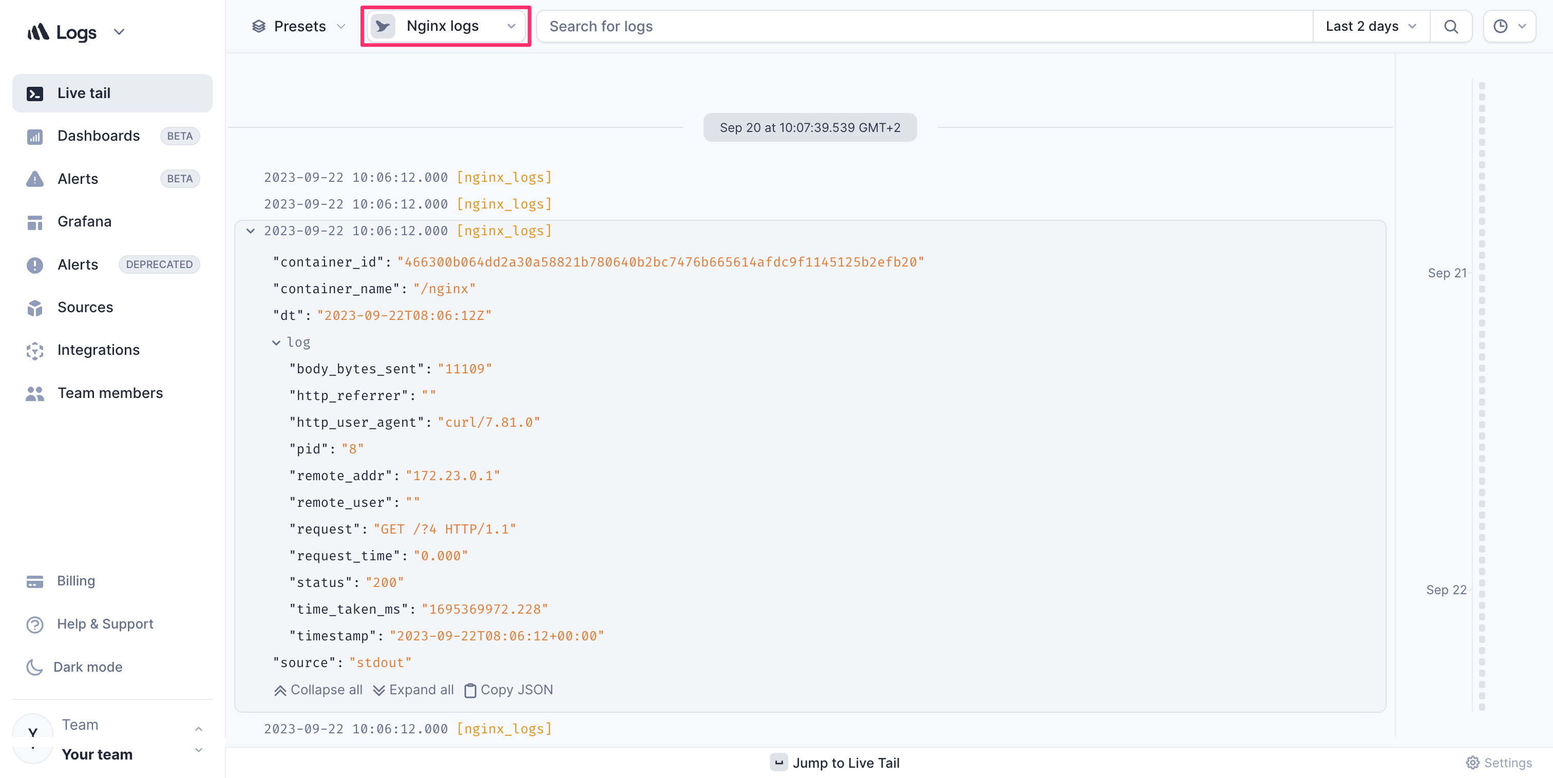 Screenshot of Nginx logs in Better Stack