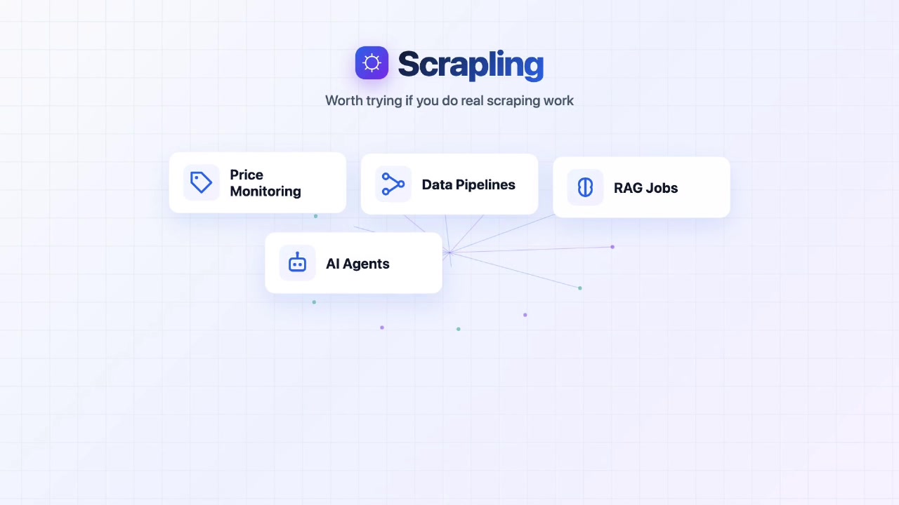 Diagram showing ideal use cases for Scrapling including data pipelines and AI agents