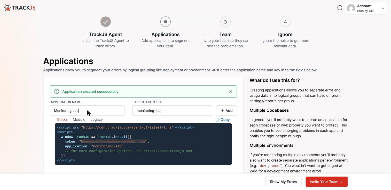 TrackJS application form building the key from the name