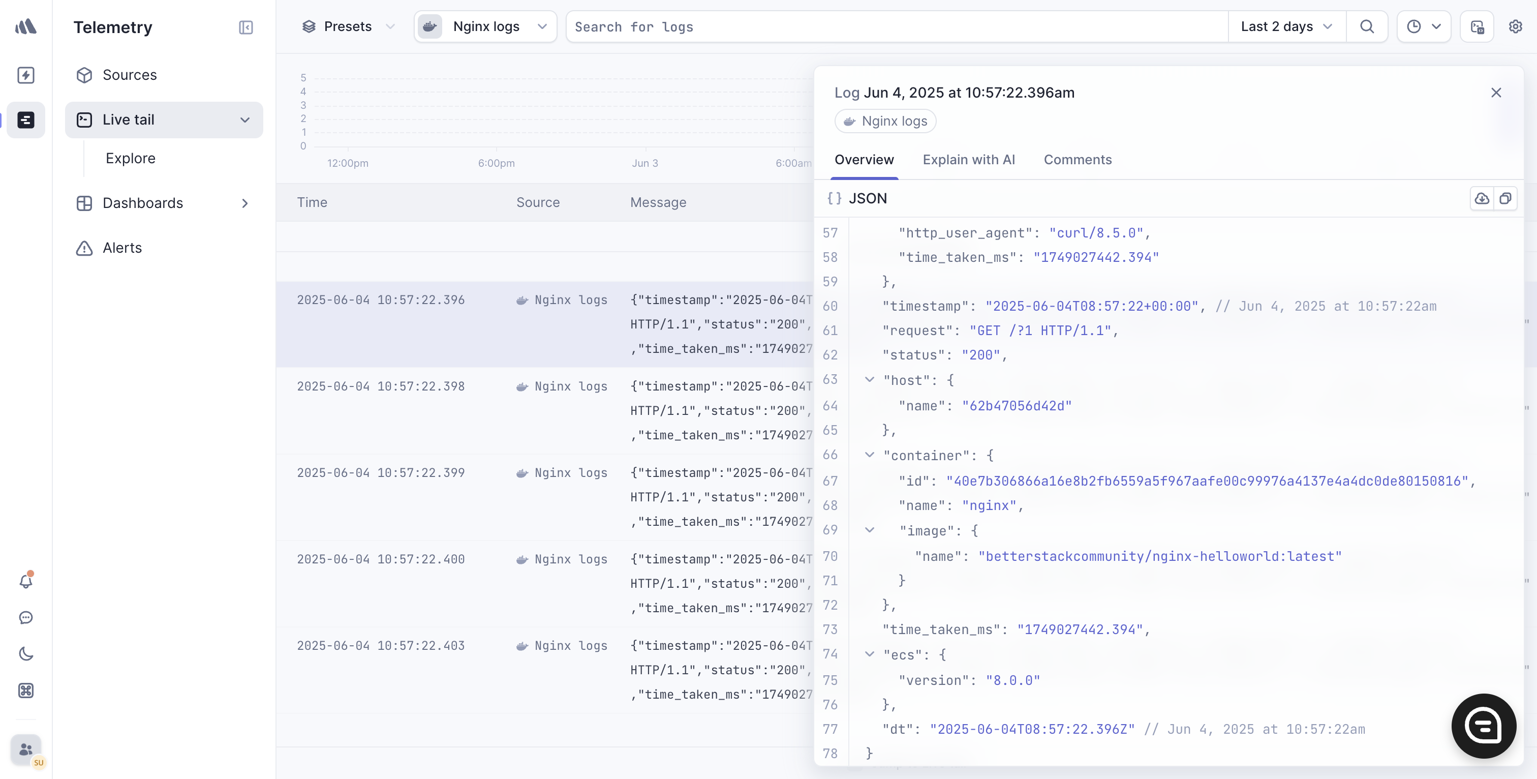 Viewing expanded log details in Better Stack after selecting a single log entry.