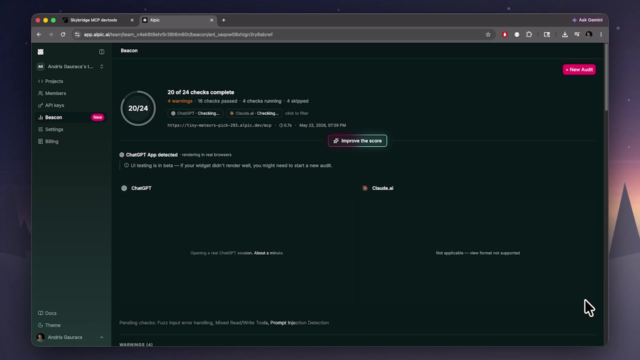 Beacon Audit Tool dashboard showing a compliance report with passed checks, warnings, and suggestions