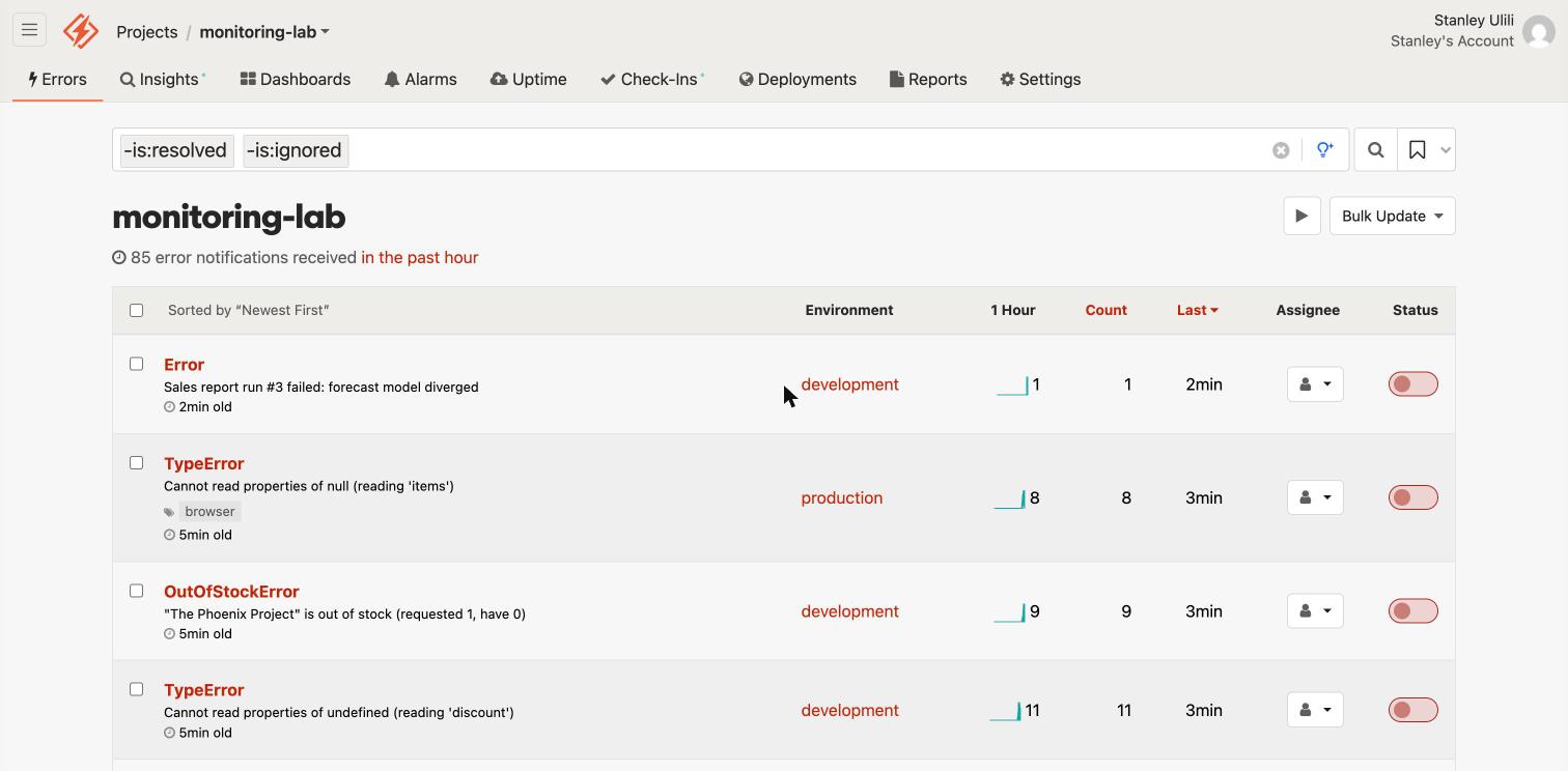 Honeybadger errors list after the first release