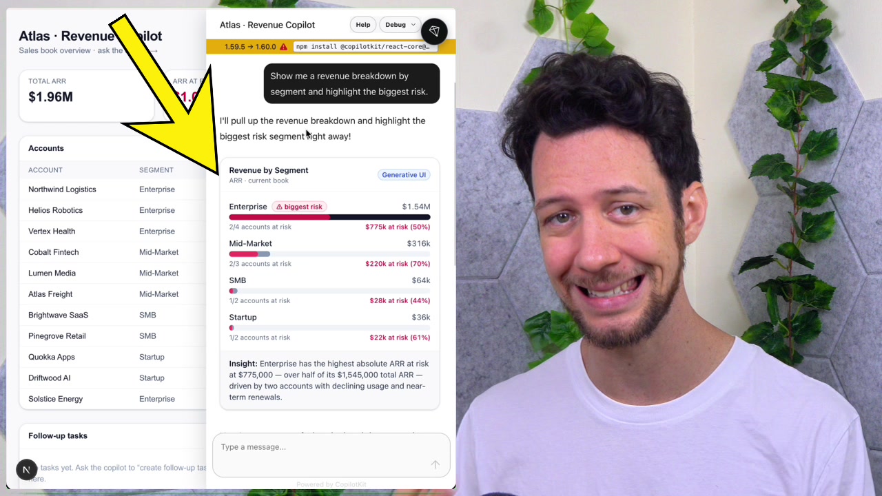 The AI chat window displaying a Revenue by Segment component with colored bars and data points instead of plain text