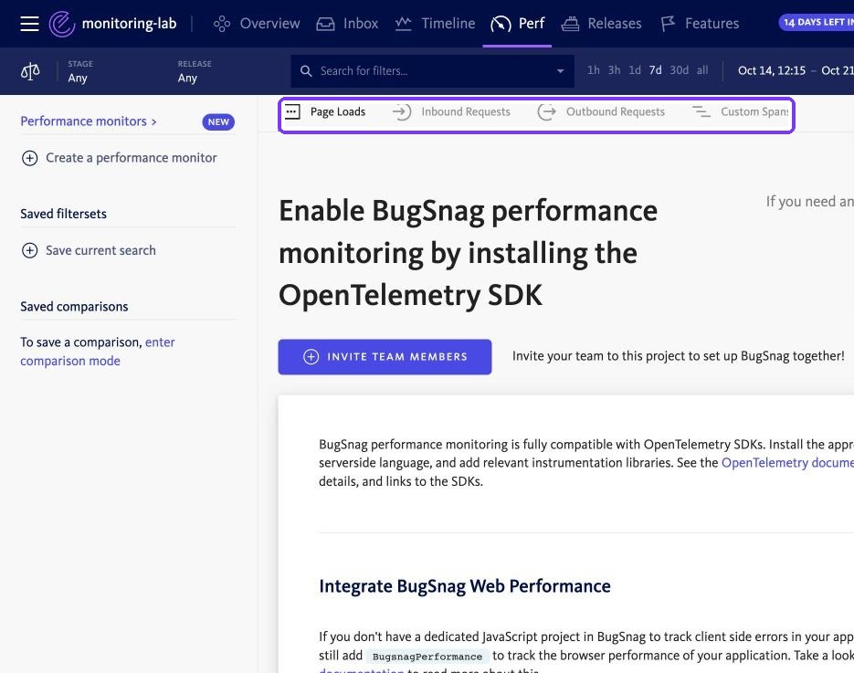 BugSnag performance page asking for the OpenTelemetry SDK