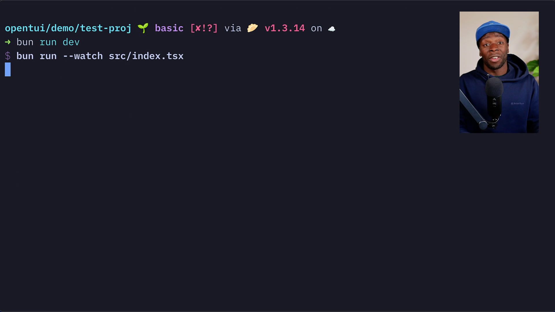 Initial src/index.tsx code generated by the React template showing the App component and renderer setup