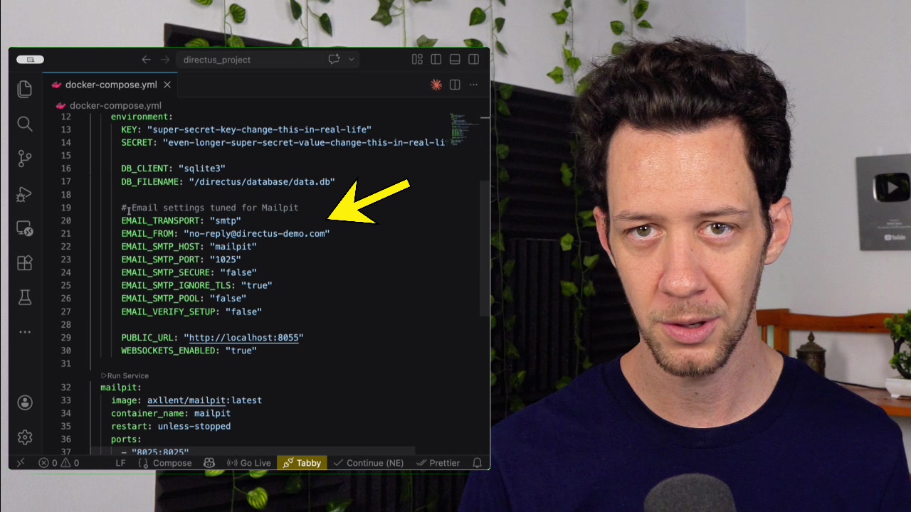 docker-compose.yml file with the email settings for Mailpit highlighted