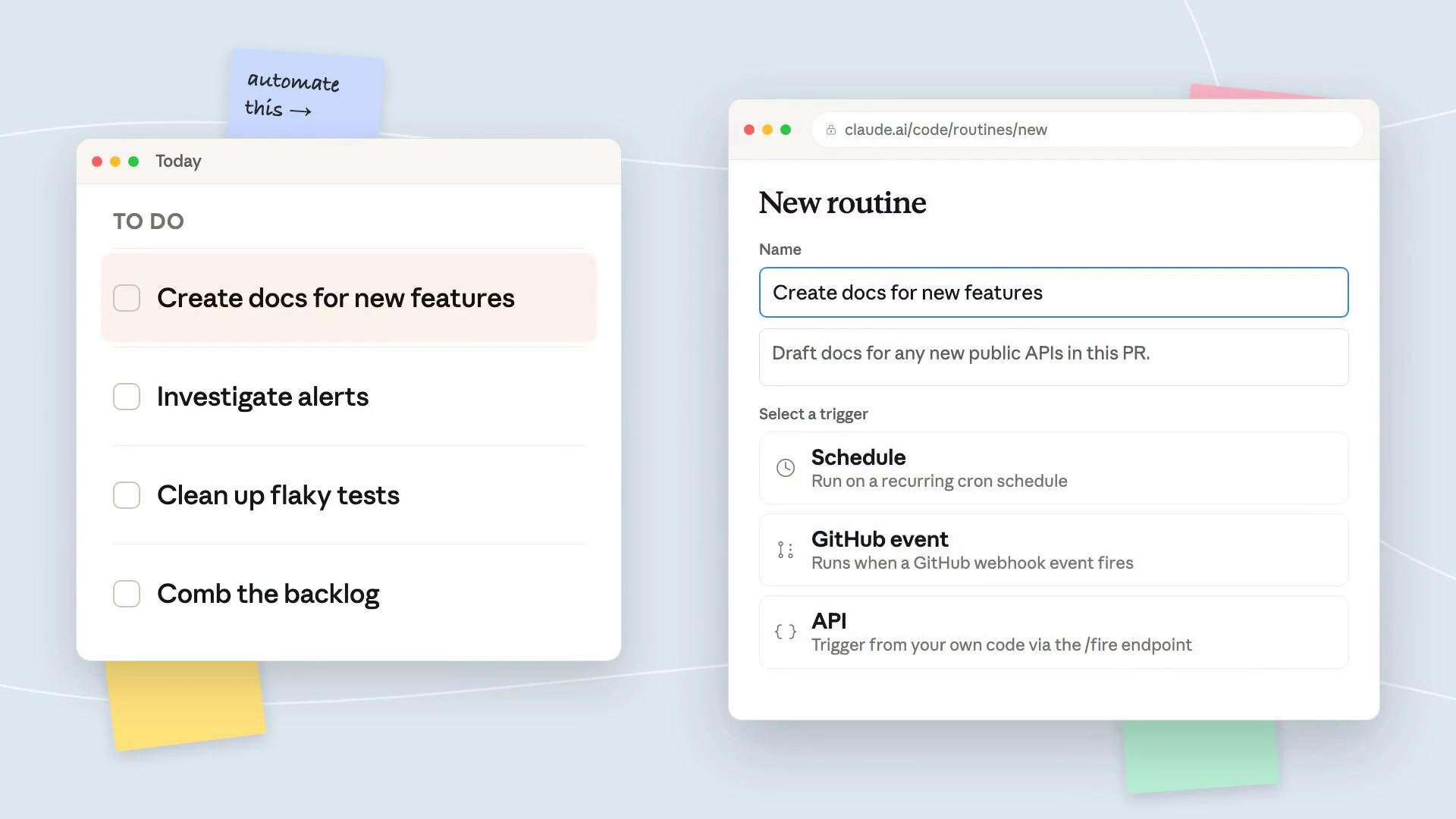 The "New routine" creation screen showing the Name, Description, and Trigger selection options