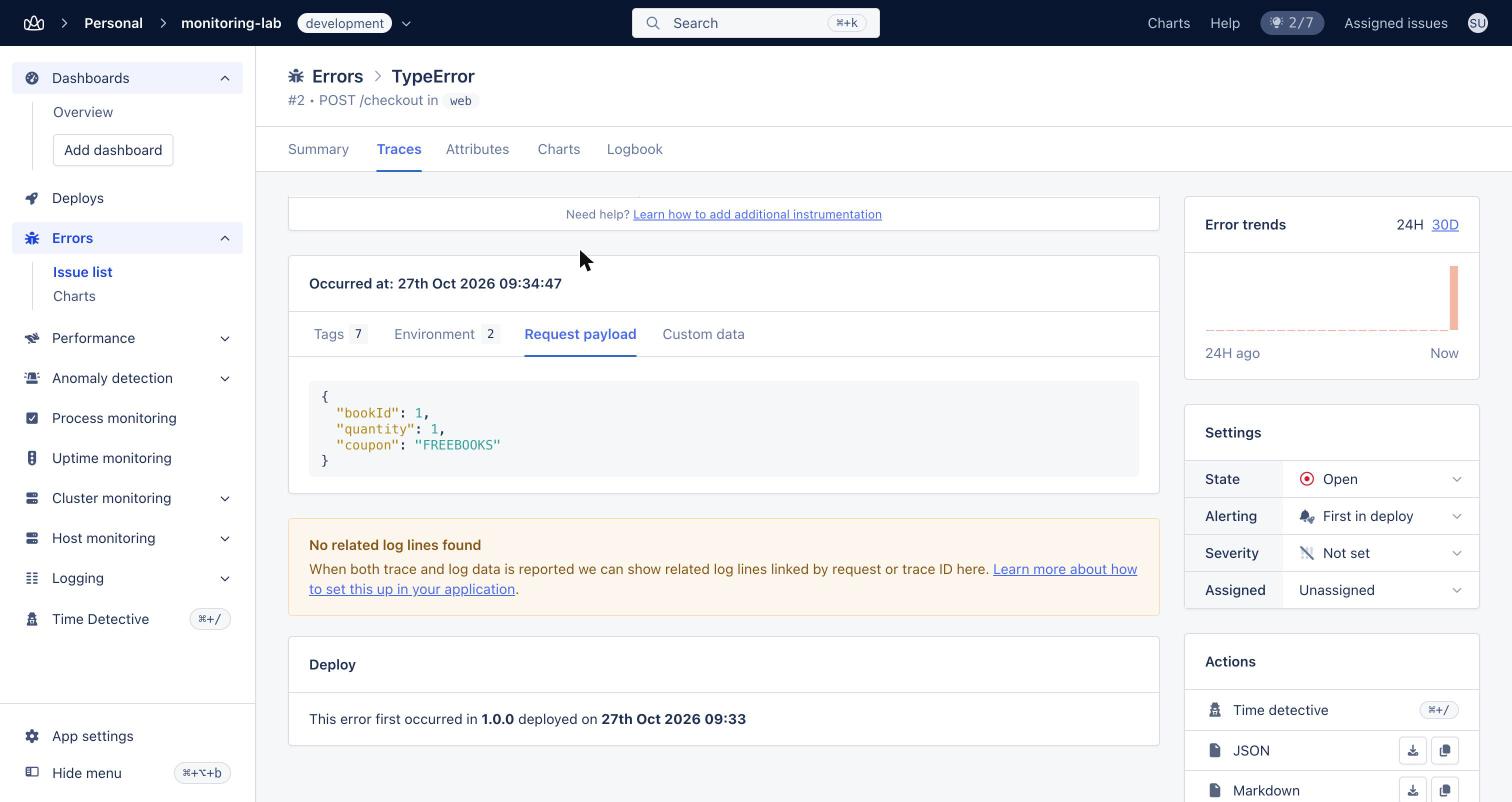 AppSignal request payload and deploy details on the coupon error