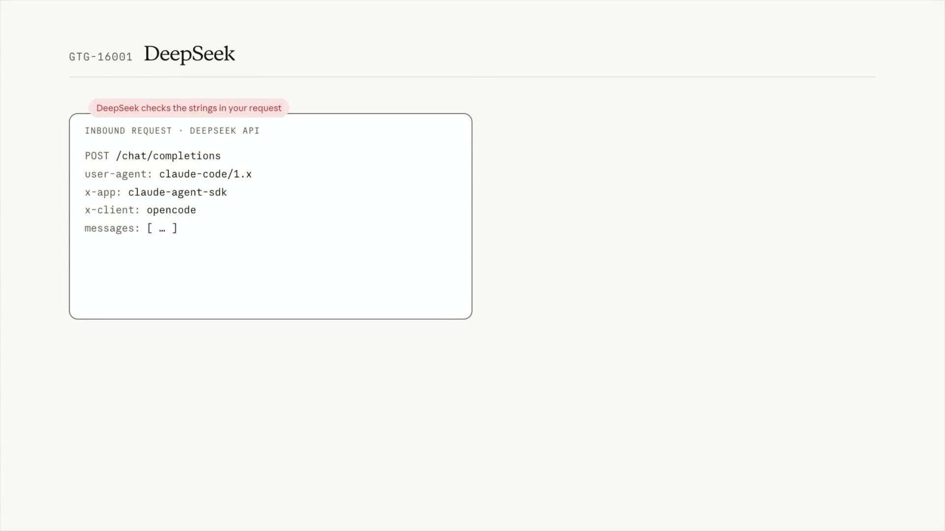 A code snippet of an inbound request to the DeepSeek API, with the `user-agent` and `x-client` strings highlighted, demonstrating how DeepSeek could identify and target specific users.