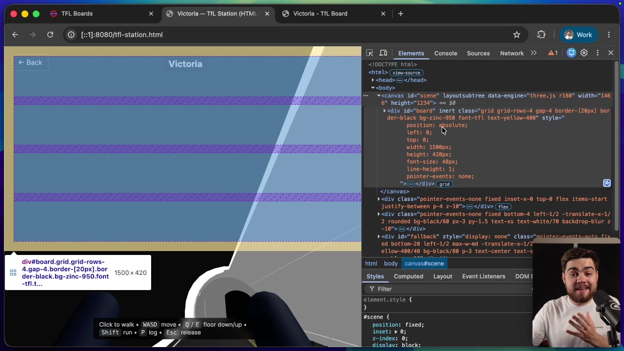 Developer tools showing the invisible but layout-active HTML board element highlighted over the 3D scene