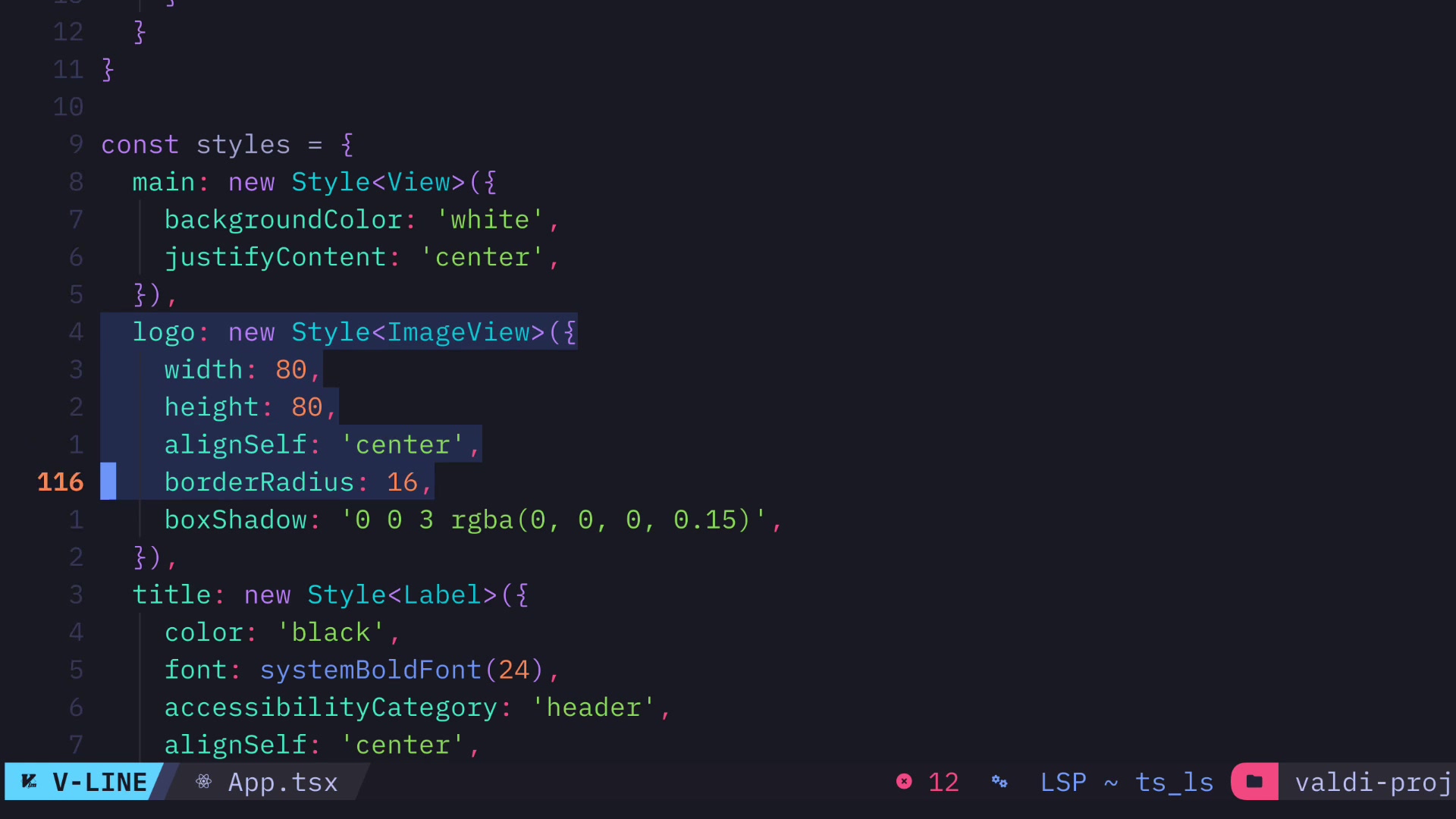 A code snippet demonstrating how styles are defined in Valdi using a `Style<View>` object, with properties like `backgroundColor` and `justifyContent`.