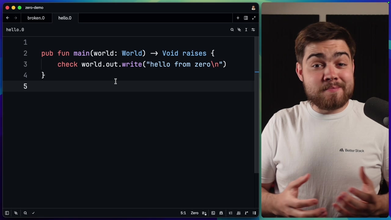Hello Zero code example in a dark-themed editor