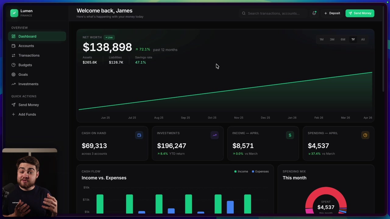 Complete dark-mode personal finance dashboard generated by Claude Opus 4.7 showing net worth, cash flow, spending mix, and financial metrics