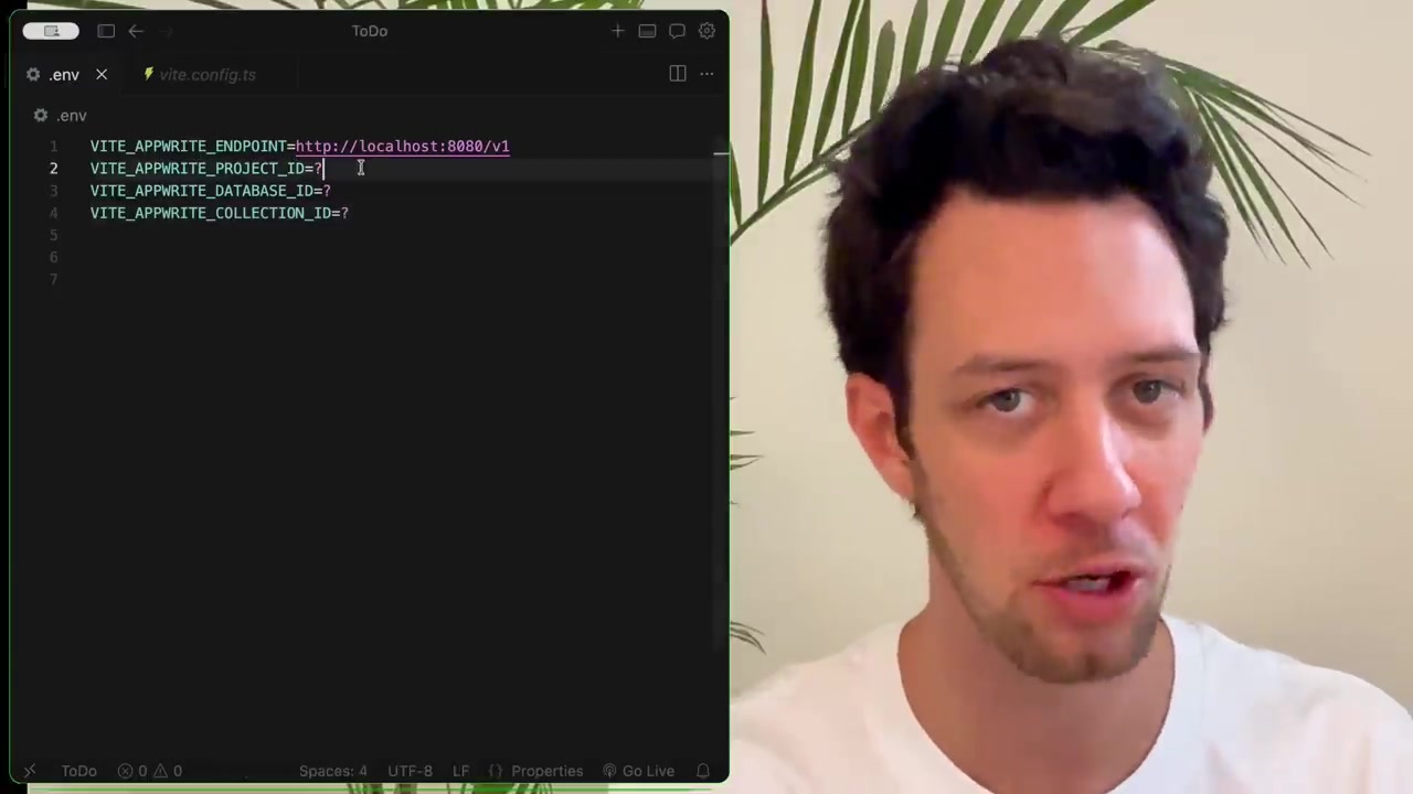 Code editor showing the .env file with the Appwrite project and endpoint IDs filled in