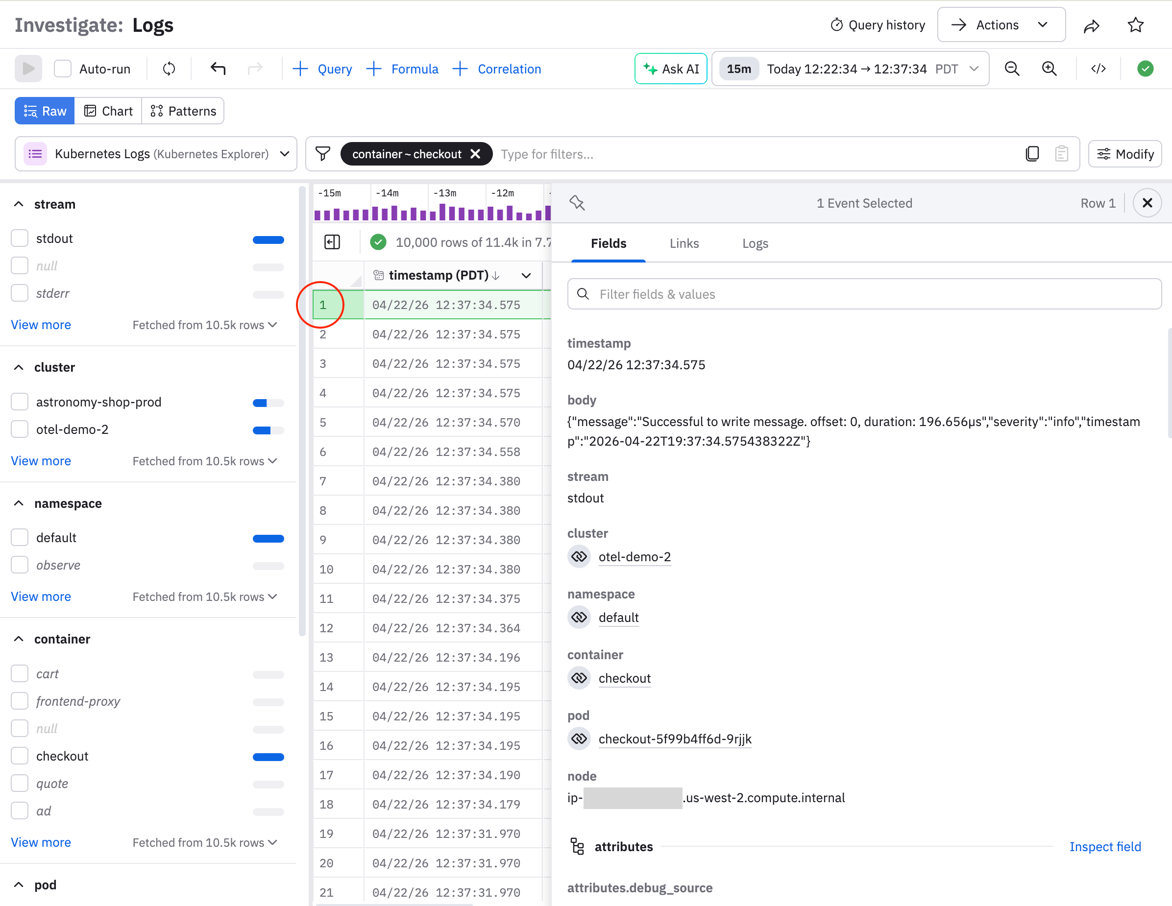 SCREENSHOT: Observe log search interface