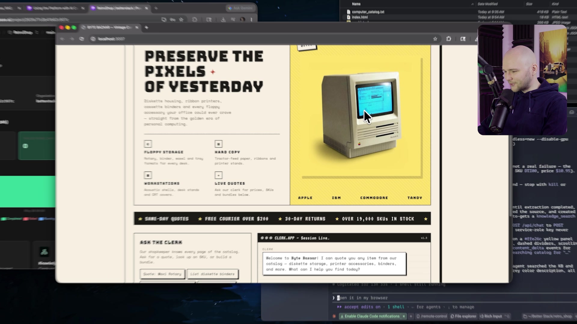 Fully rendered Byte Bazaar website with a retro design, Macintosh hero image, and the "Ask the Clerk" chatbot interface