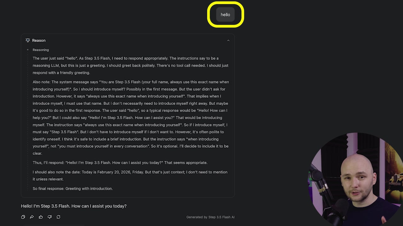 A screenshot showing the simple, one-word prompt "hello" being sent to the AI model.