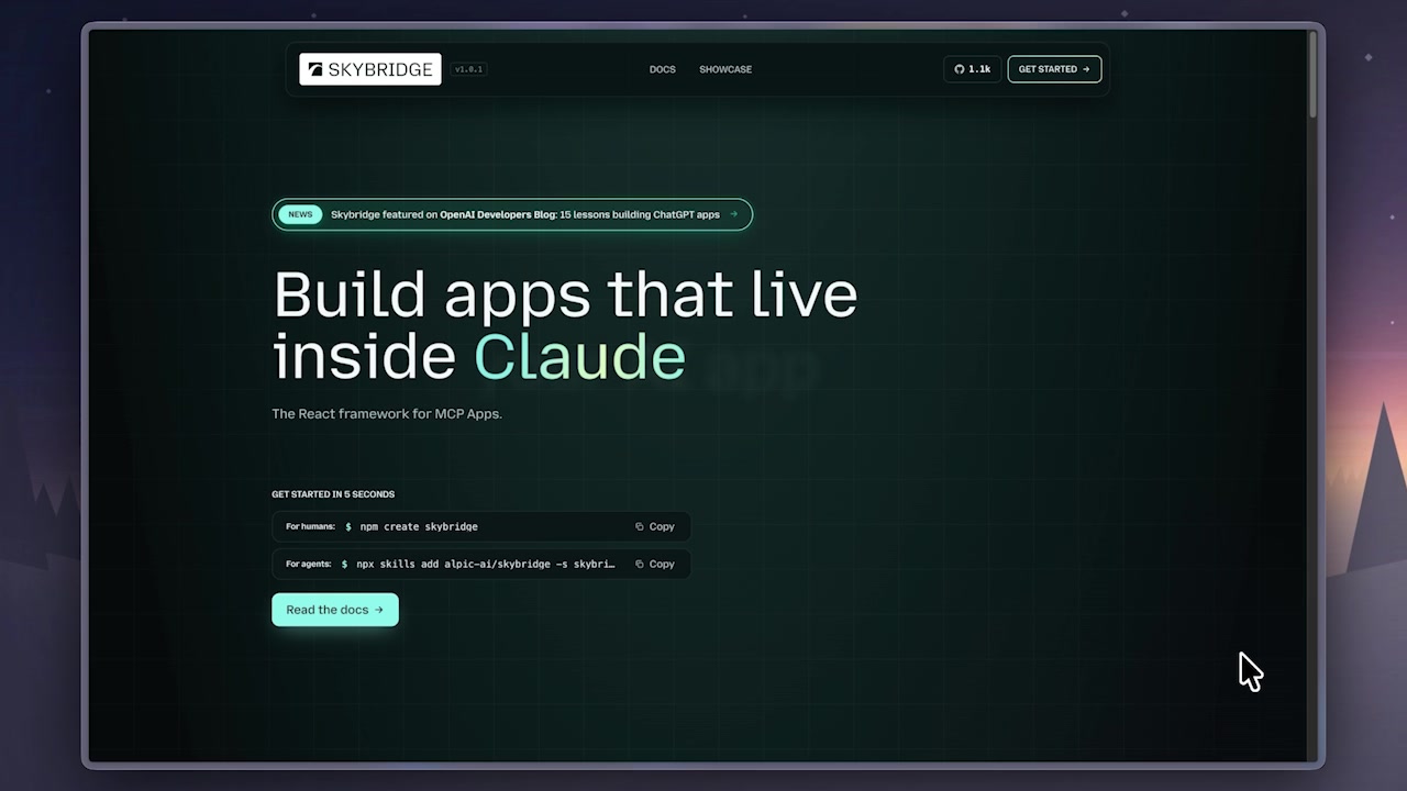 Skybridge landing page highlighting its purpose: "Build apps that live inside your AI app"