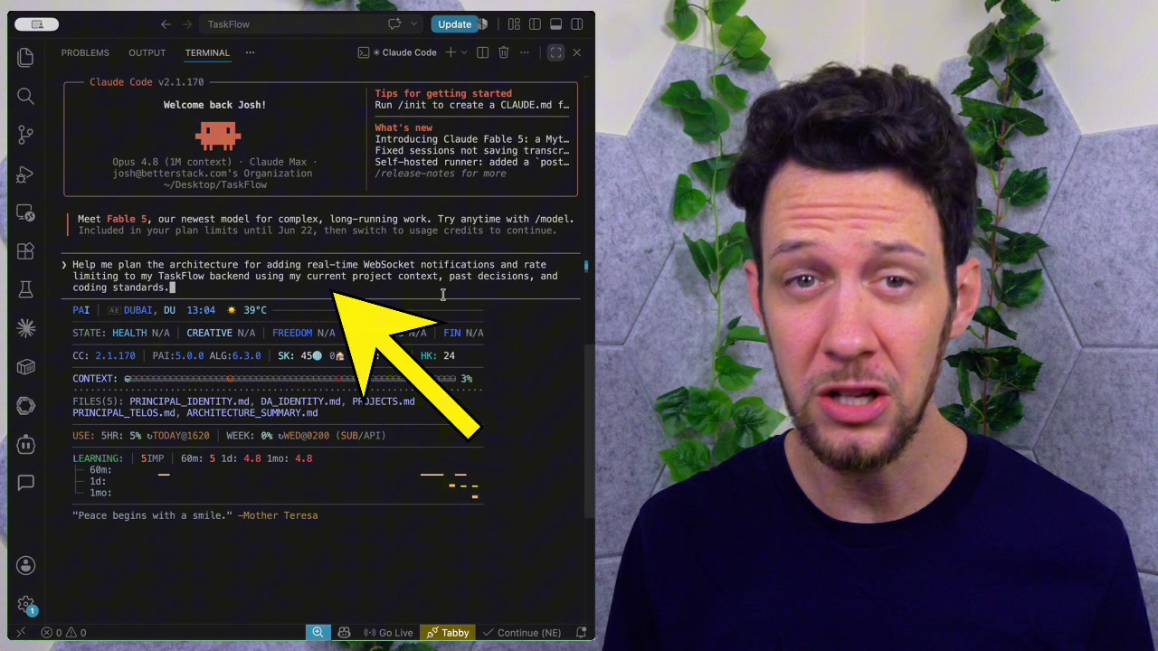 Claude Code terminal with the user's detailed prompt highlighted