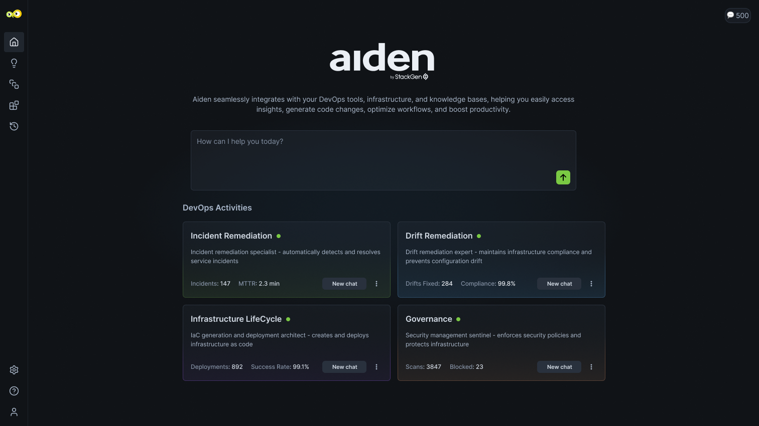 SCREENSHOT: StackGen Aiden dashboard with infrastructure, DevOps, and SRE views