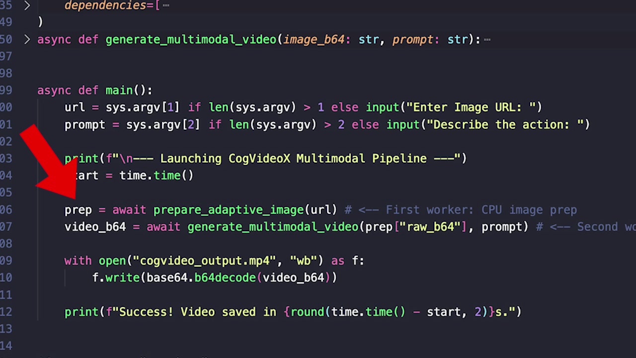 Code for the main function with arrows indicating data flow from the CPU worker to the GPU worker