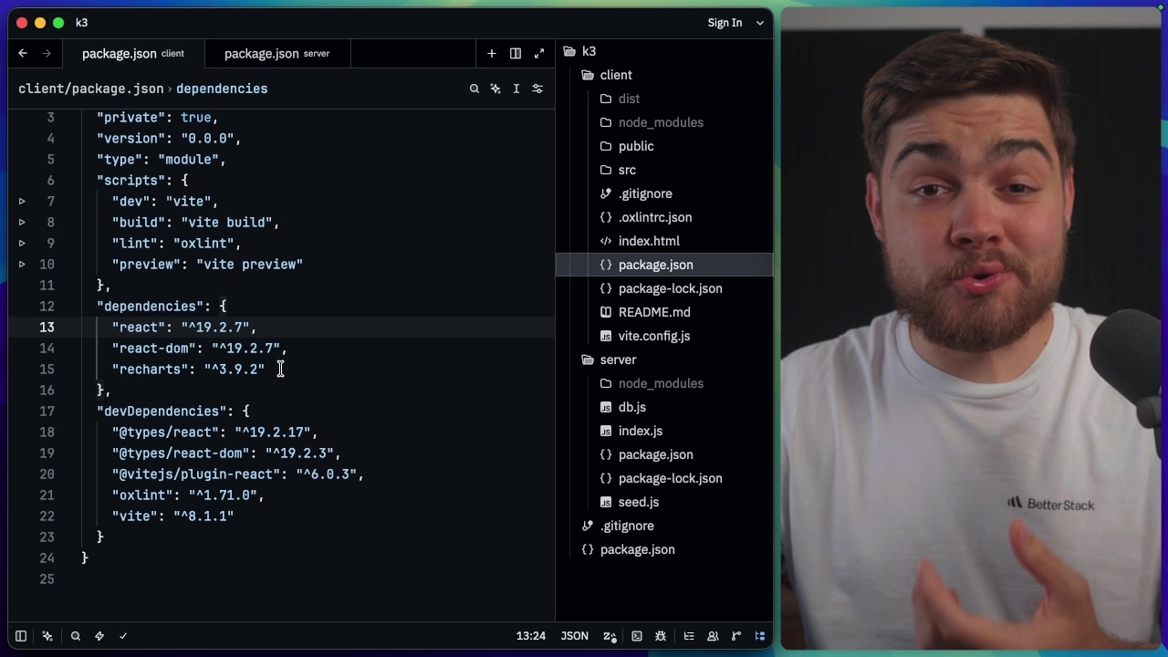 A view of the file structure and `package.json` for the finance dashboard, showing the dependencies like React