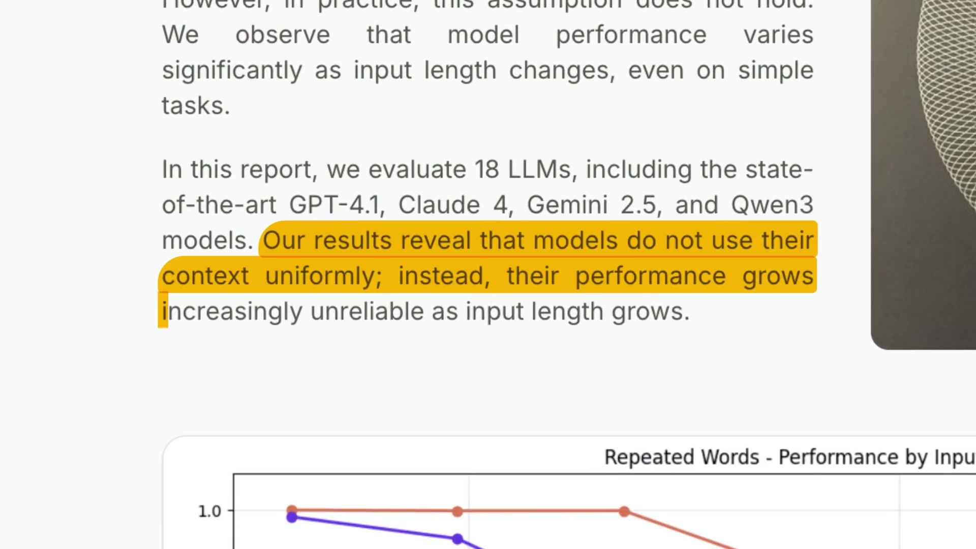 A research paper screenshot highlighting the conclusion: "Our results reveal that models do not use their context uniformly; instead, their performance grows increasingly unreliable as input length grows."