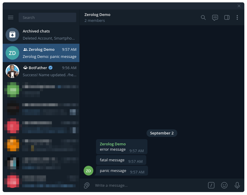 Zerolog Demo in Telegram