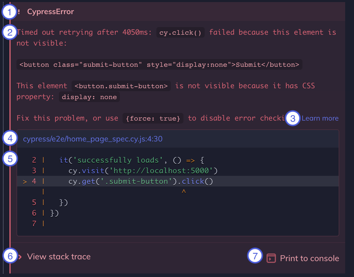 Screenshot of Cypress App errors