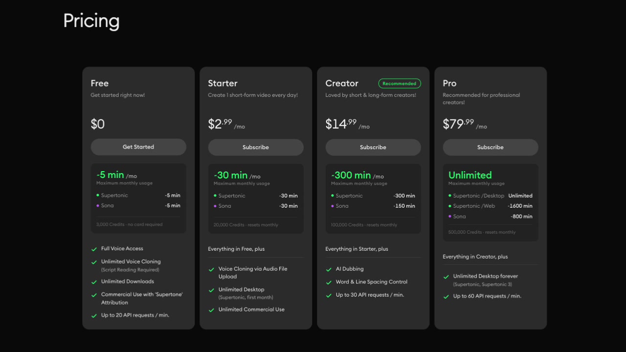 Supertone pricing page showing tiers for unlimited generation and API access