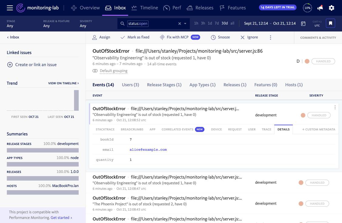 BugSnag DETAILS metadata tab on a handled error