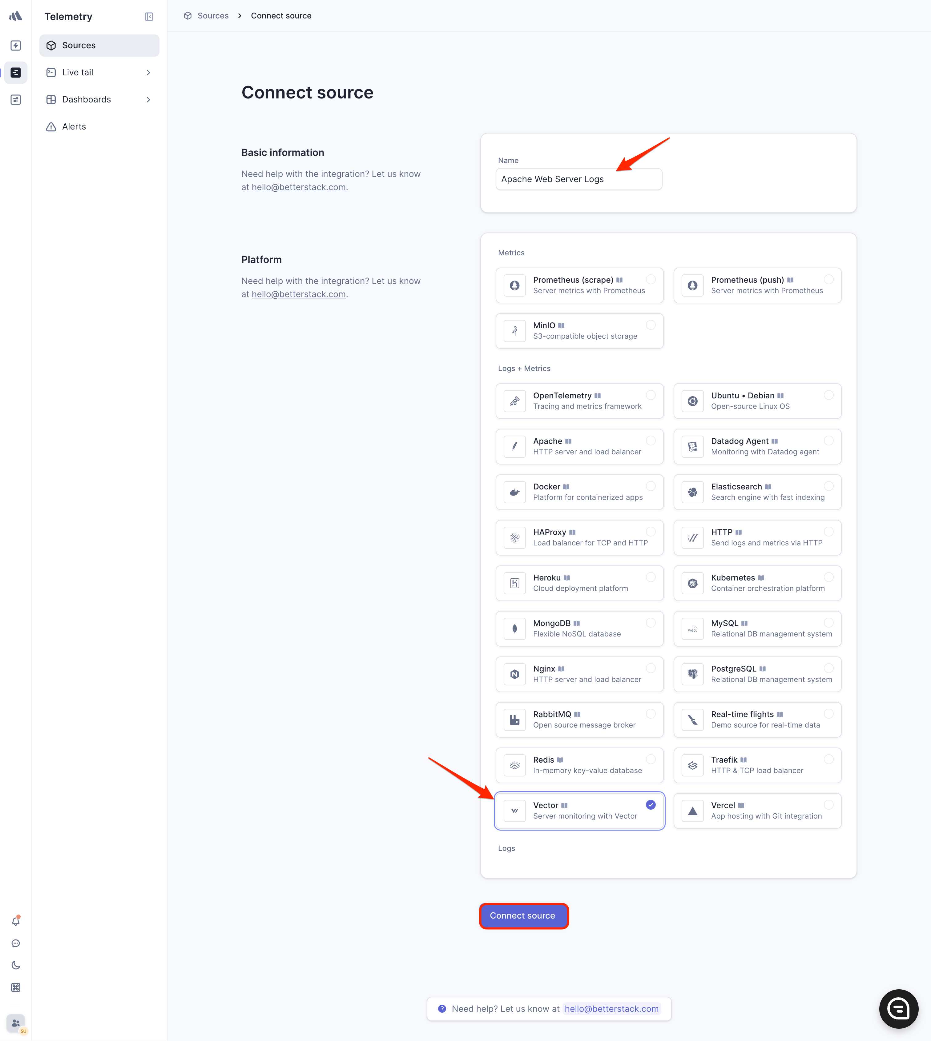 Form fields to name the source and select the 'Vector' platform, with 'Create source' button highlighted