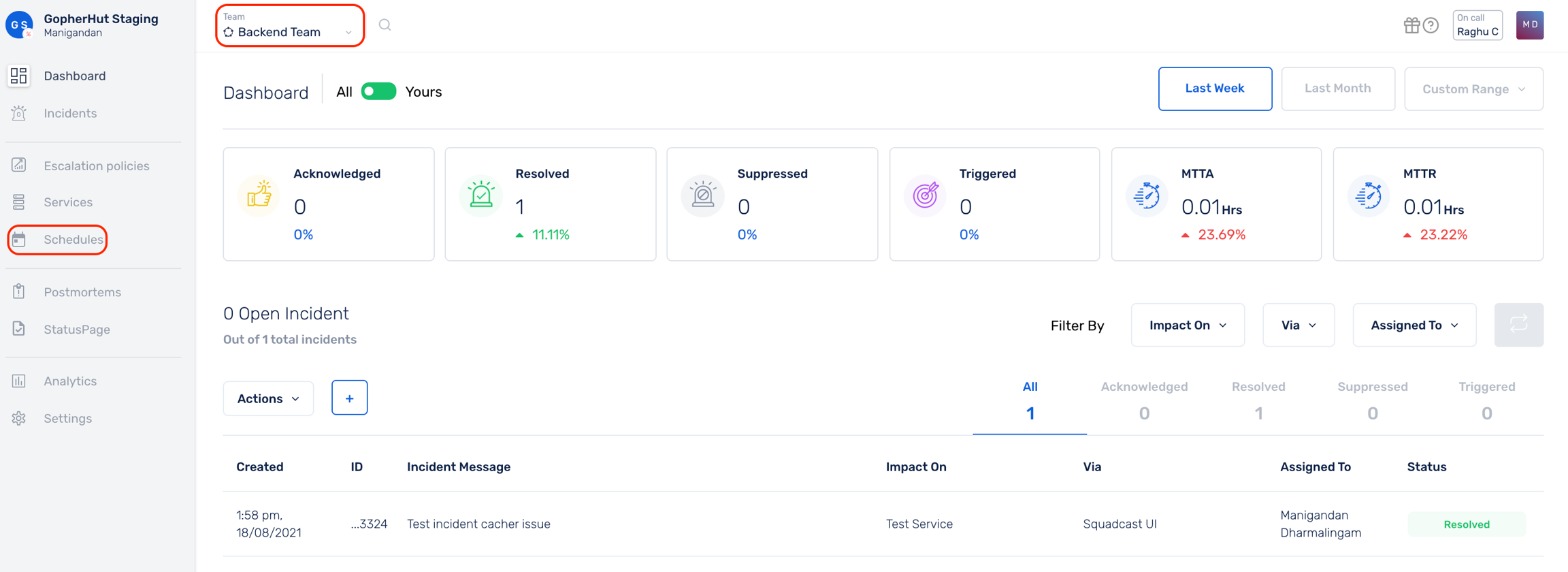 SCREENSHOT: Squadcast on-call schedule and escalation policy view