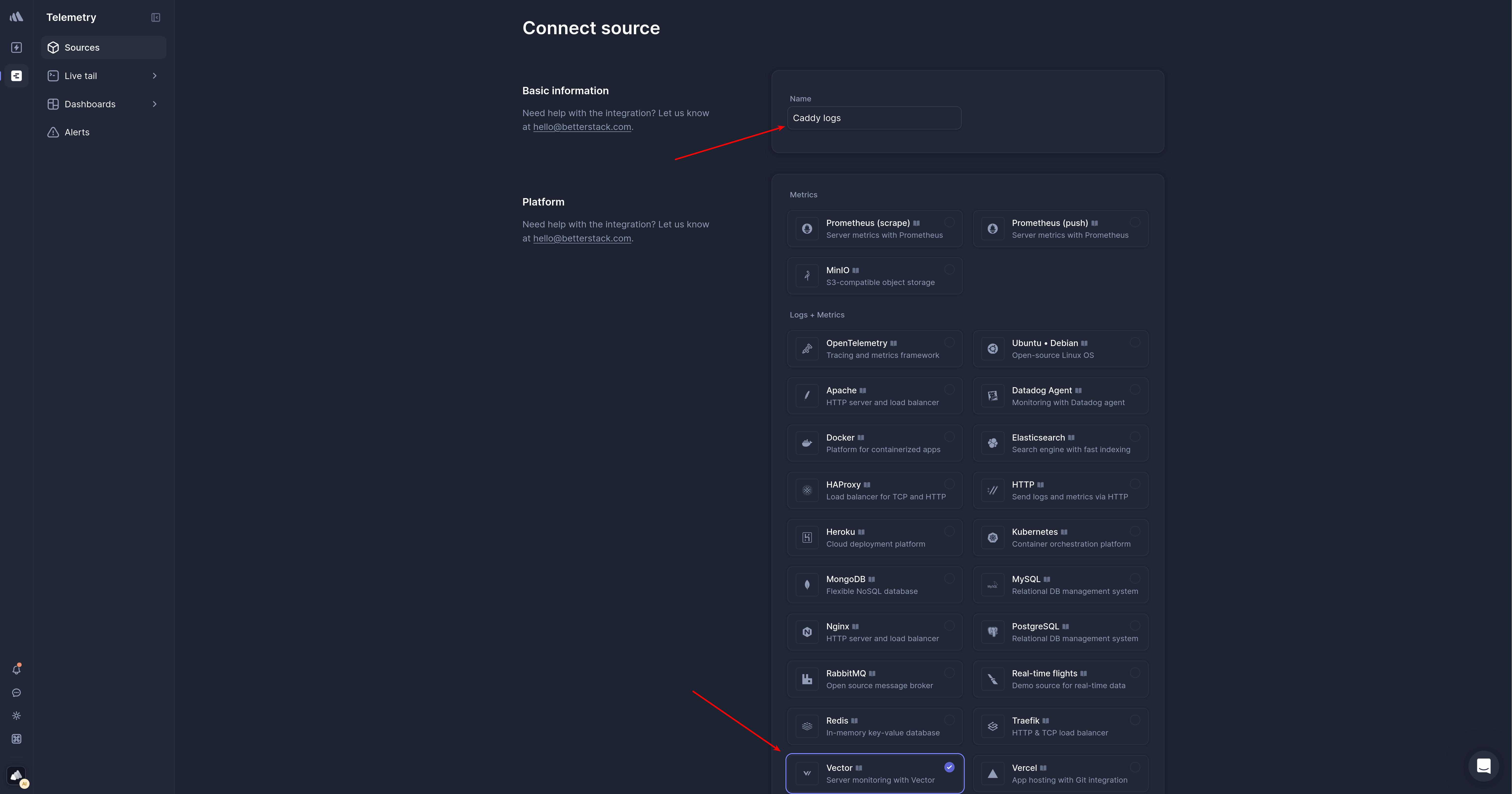 Create source in Better Stack