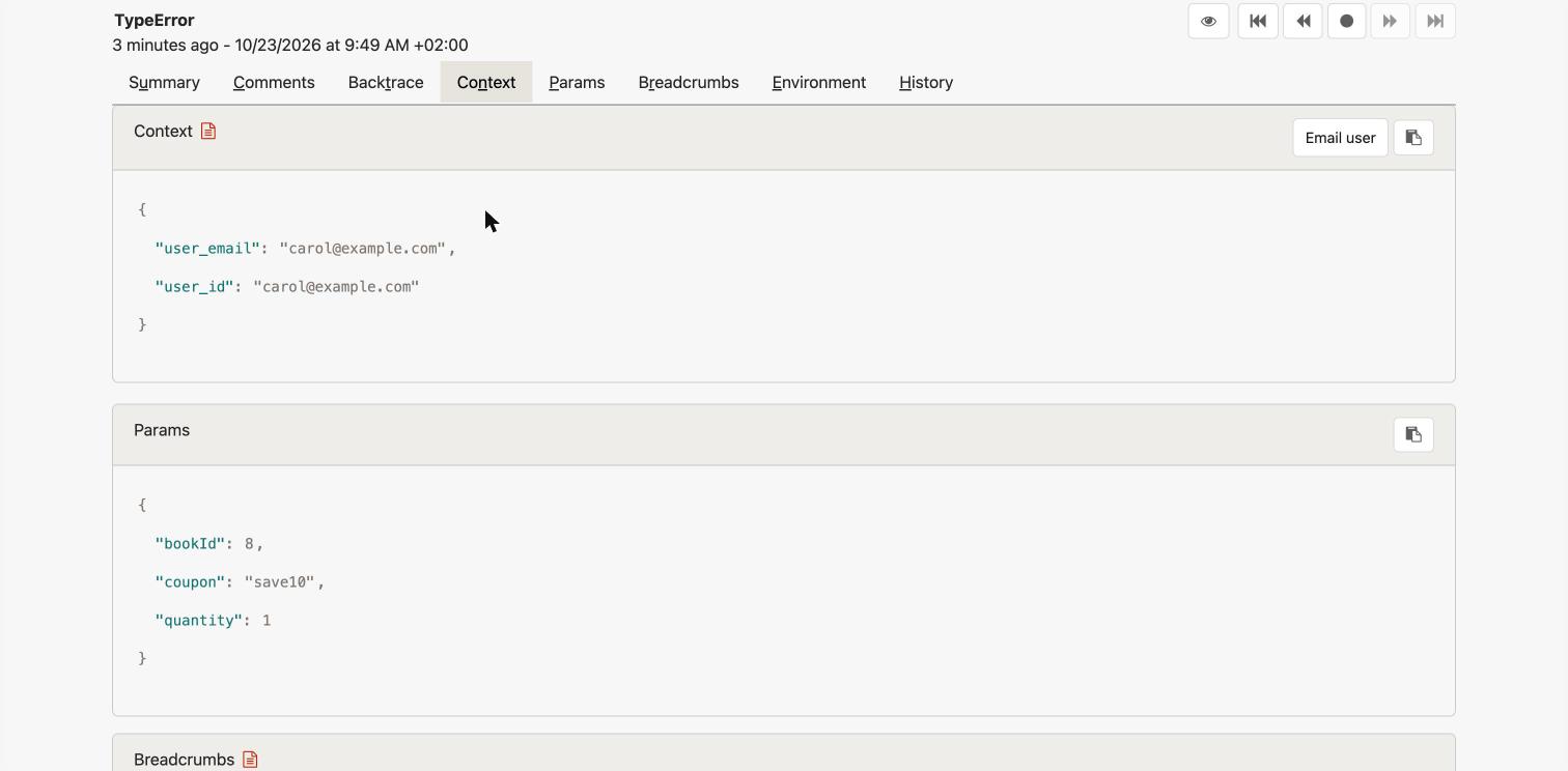 Honeybadger server error context with user and request parameters