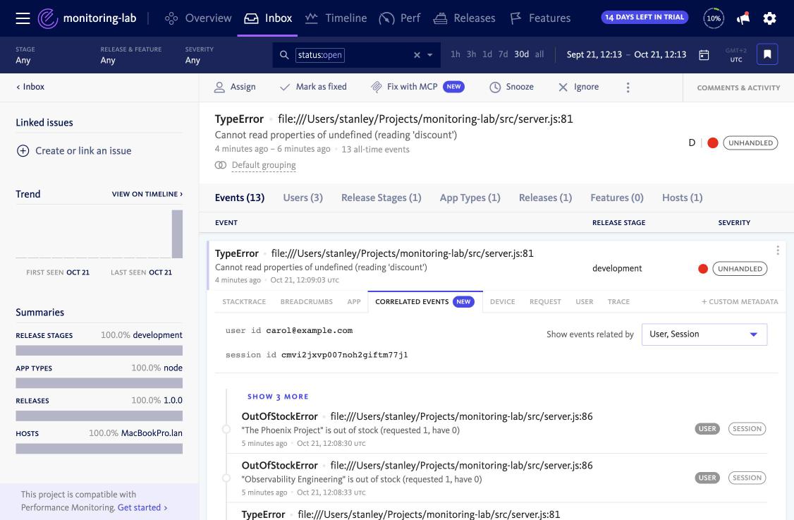 BugSnag correlated events by user and session