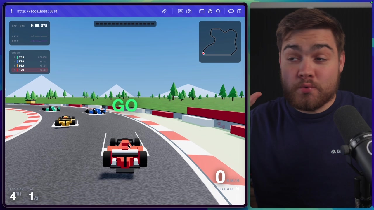 A screenshot of the fully functional 3D Formula 1 racing game generated by Claude Opus 5, showing the player's car and AI opponents on the track.