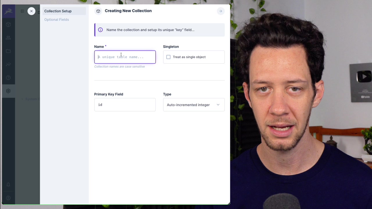 The "Creating New Collection" modal where the orders collection is named and configured