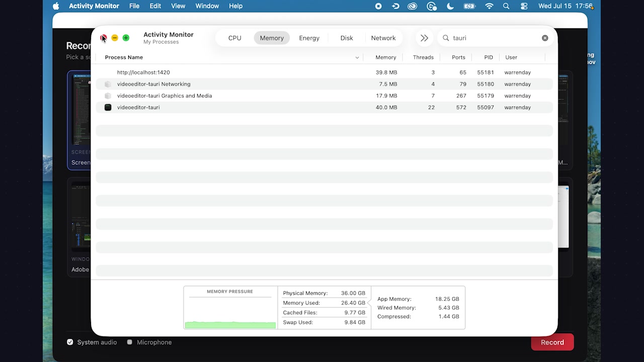 A screenshot of the macOS Activity Monitor, filtering for "tauri," shows multiple processes whose memory usage must be combined to get the full picture.