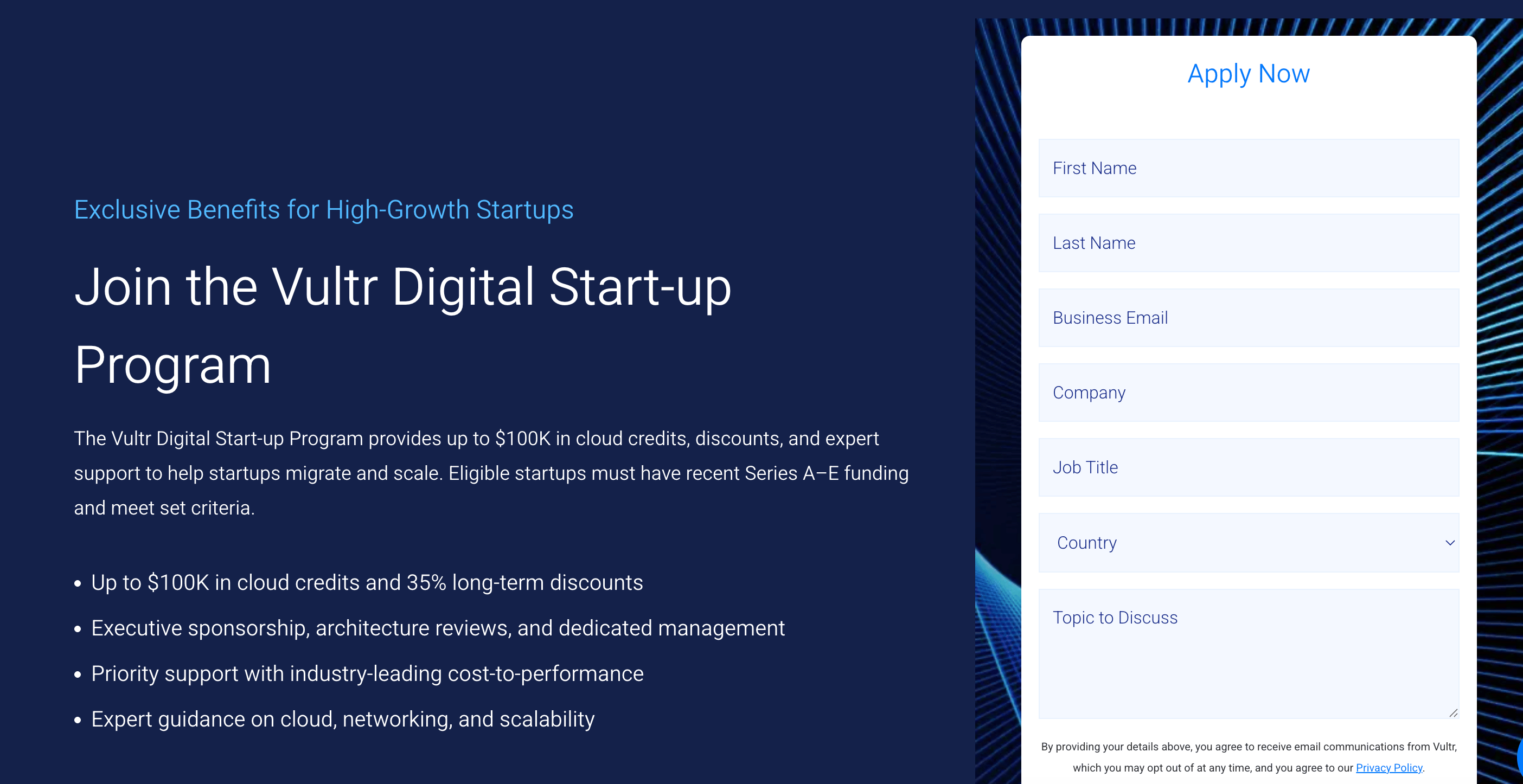 Vultr Digital Startup Program benefits: credits, long-term discount, and account management