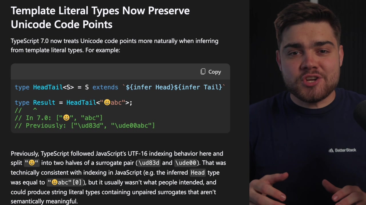 A code snippet demonstrating the new, correct behavior of template literal types with Unicode emojis.