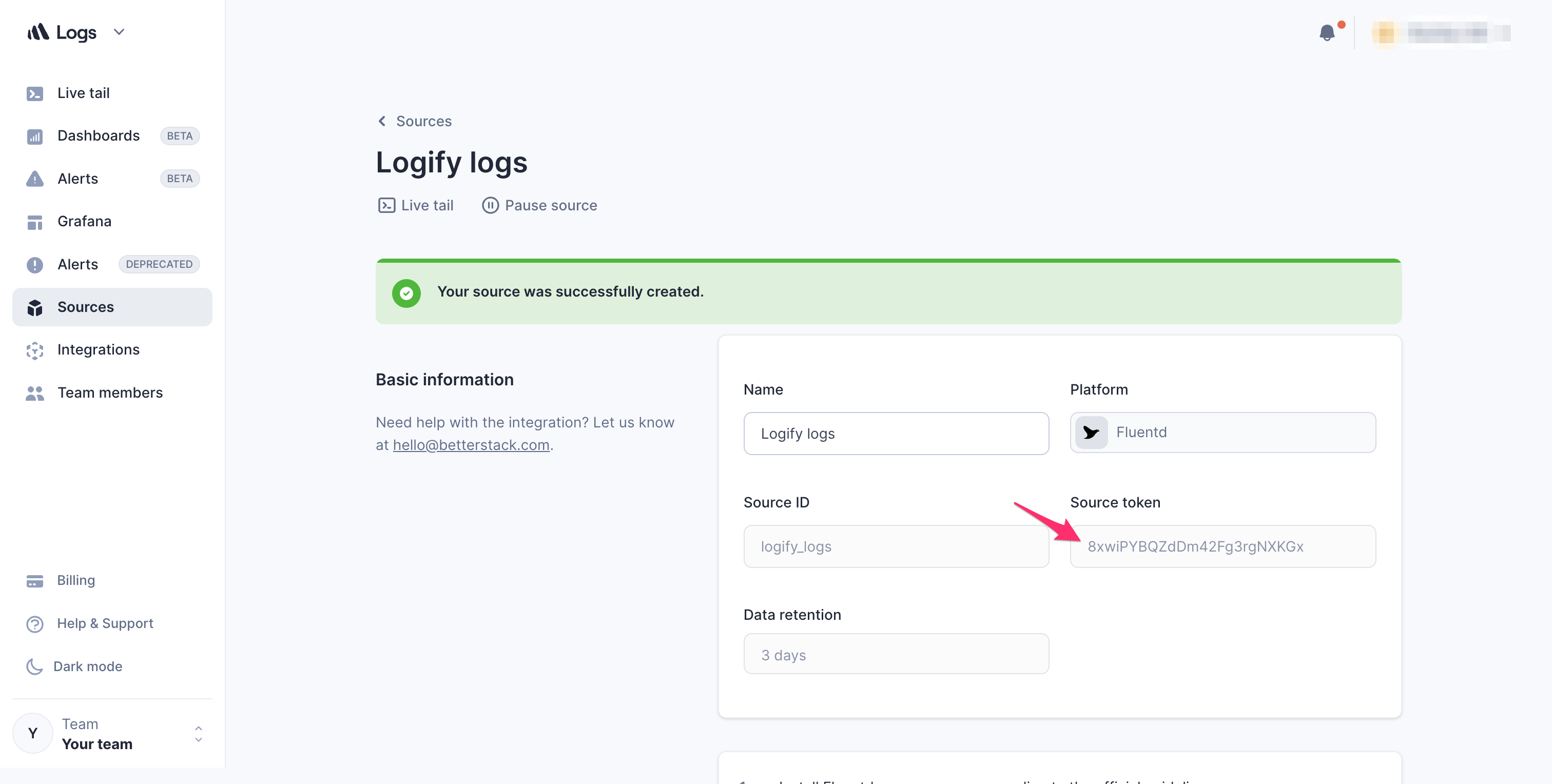 Screenshot with an arrow pointing to the "Source Token" field