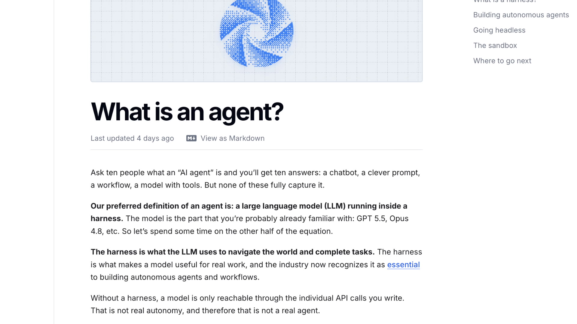 Documentation page for "What is an agent?" illustrating the concept of an LLM running inside a harness